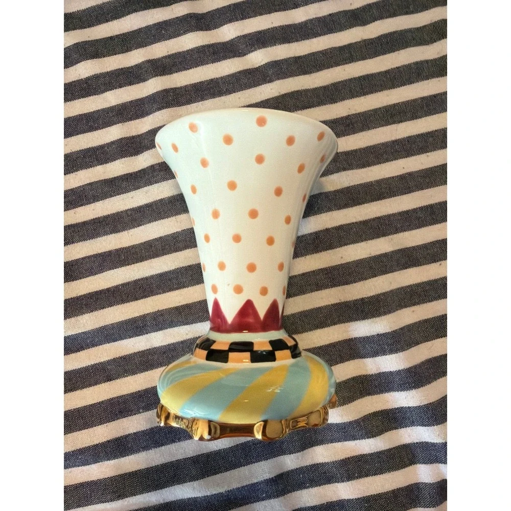whimsical Checkered Polka Dot Ceramic Bud Vase Gold Luster Trim‎ 6.5